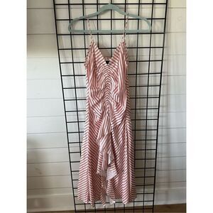 Striped Pink Midi Dress with Ruffle Front